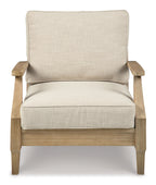 Clare View lounge chair with cushion, beige upholstered back and seat, wood legs