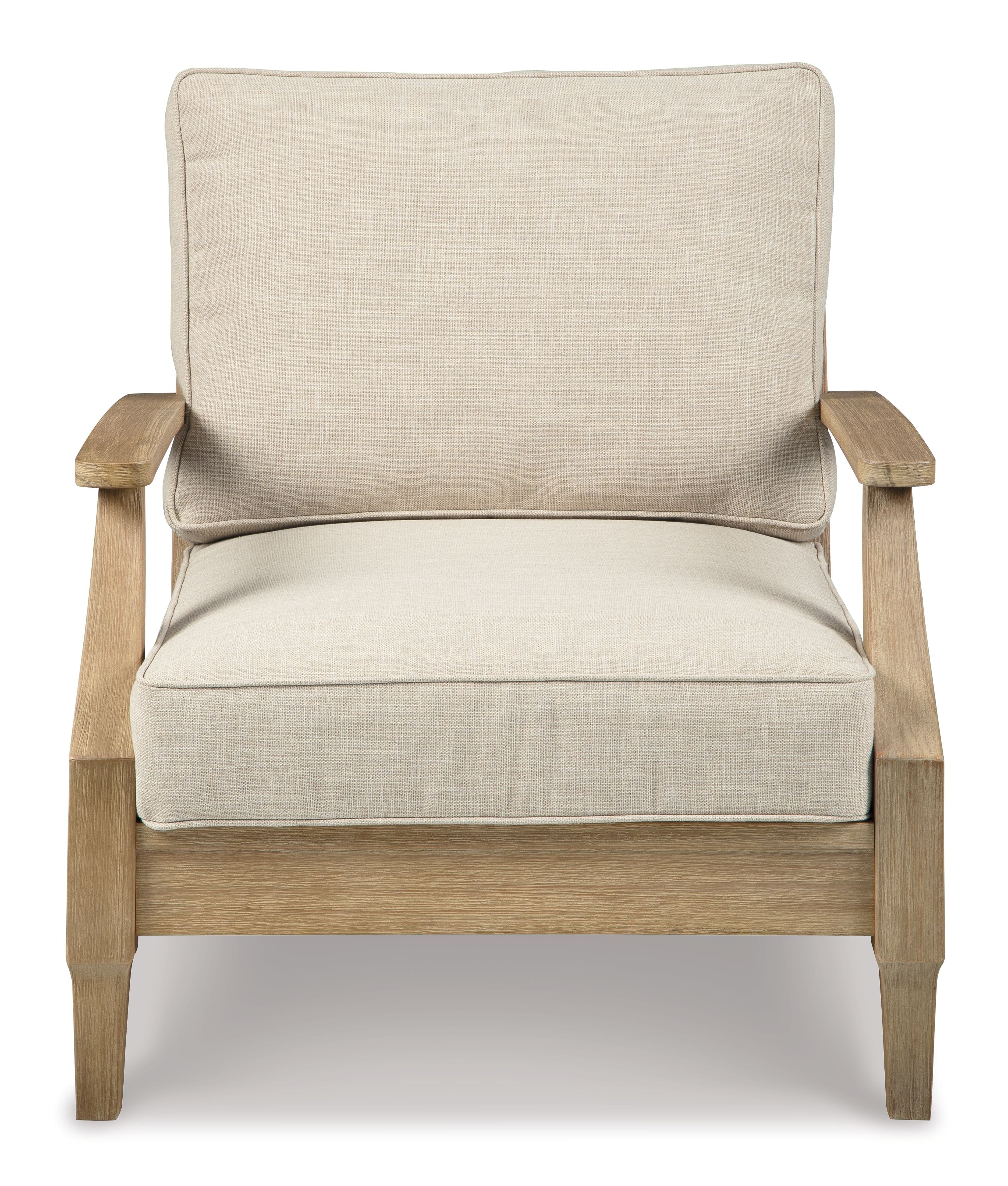 Clare View lounge chair with cushion, beige upholstered back and seat, wood legs