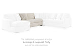 White armless loveseat with padded armless ends and back cushions, black feet