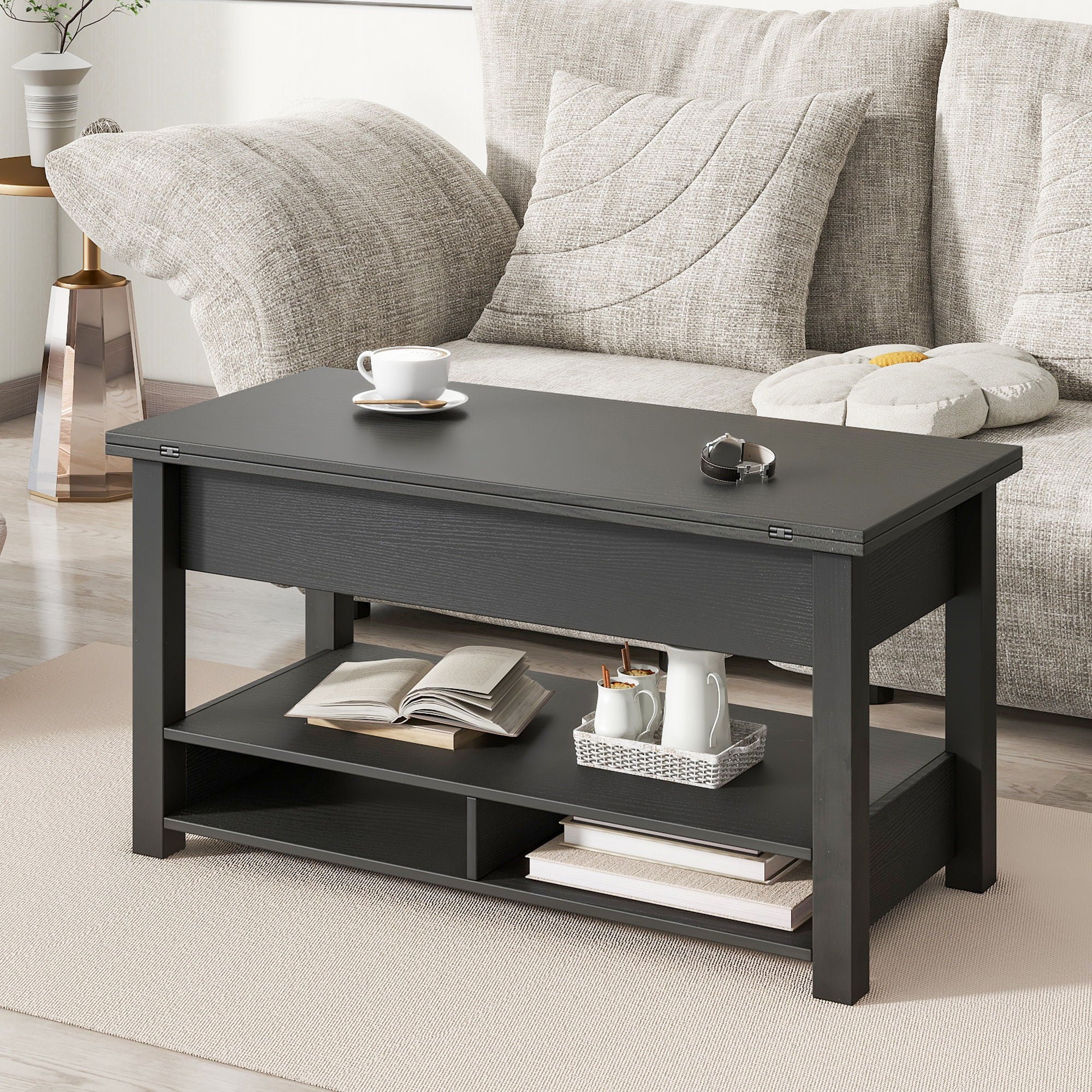 On-Trend Lift Top Coffee Table, Multi-Functional Coffee Table With Open Shelves, Modern Lift Tabletop Dining Table For Living Room, Home Office, Black