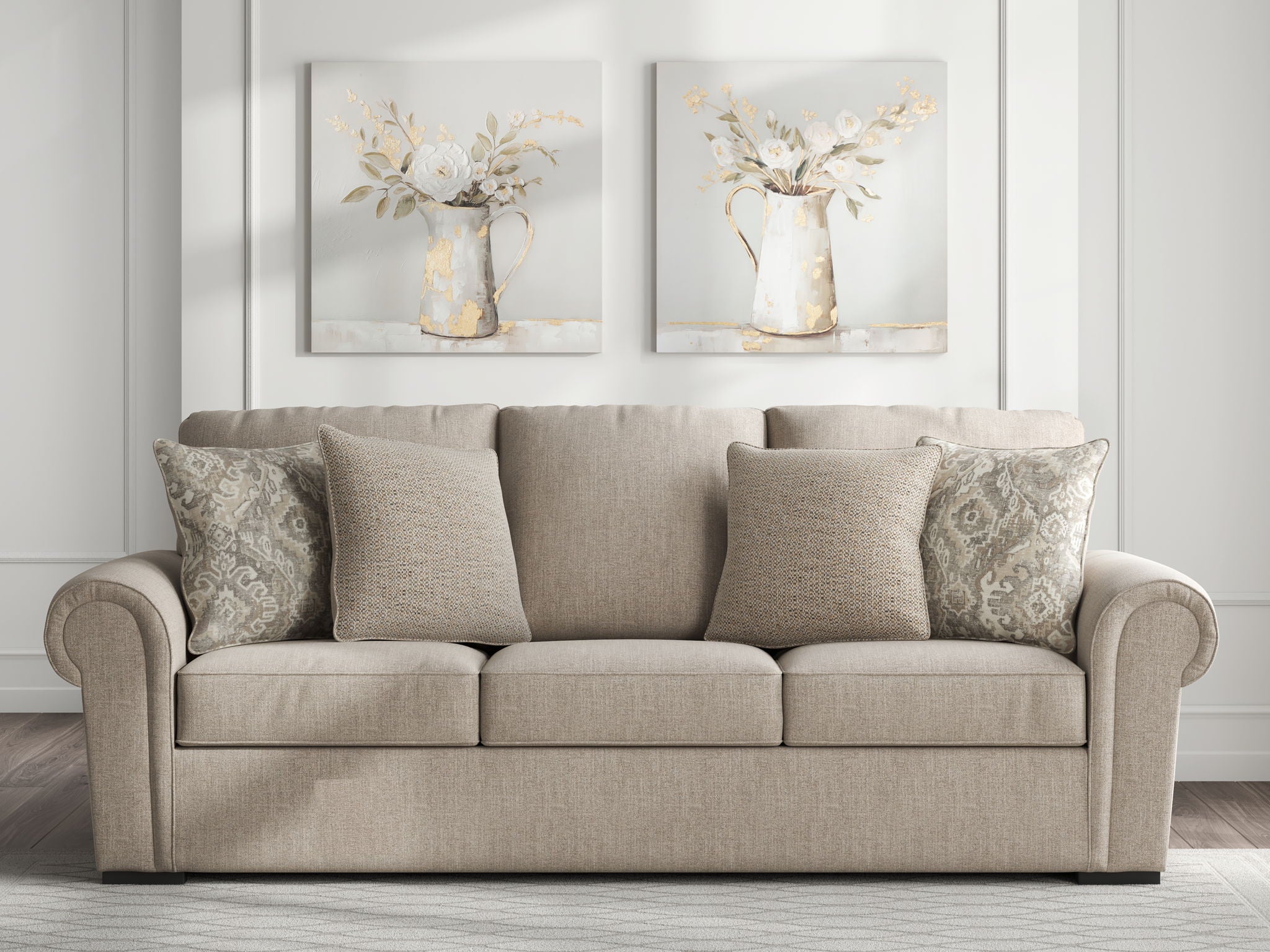 Heather fabric sofa in light beige with four pillows, wide seat, rounded arms and back