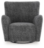 Dark gray swivel glider accent chair with tall backrest, padded seat, and circular swivel base