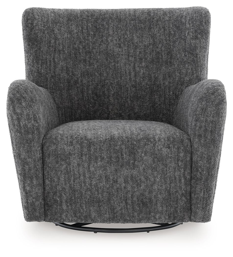 Dark gray swivel glider accent chair with tall backrest, padded seat, and circular swivel base