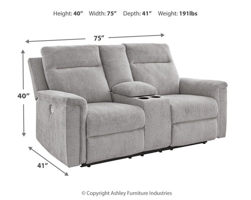 Power reclining loveseat with console, gray fabric; 75 in wide