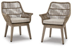 Beige wicker armchair set of 2 with beige cushion and slatted back, armrests