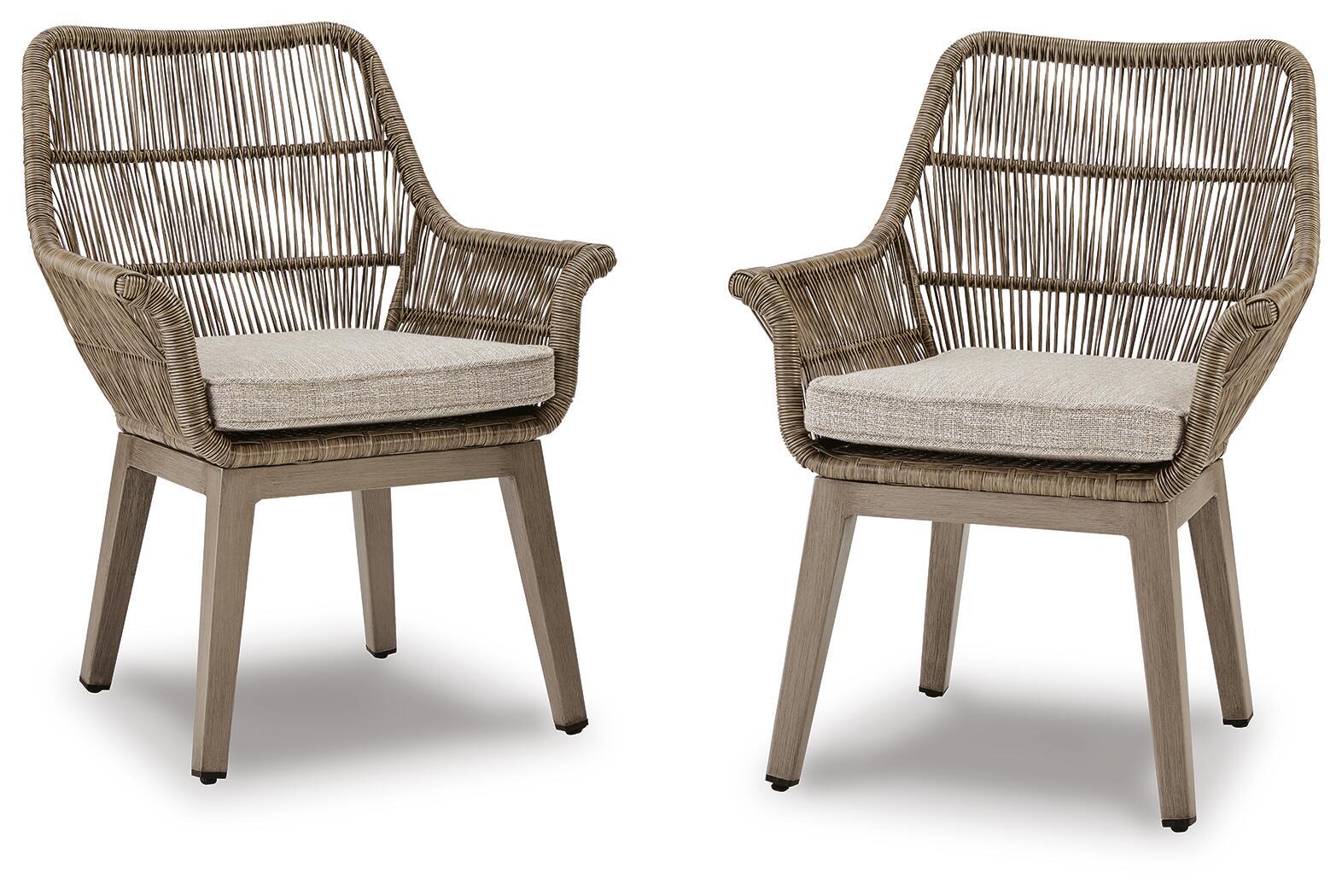 Beige wicker armchair set of 2 with beige cushion and slatted back, armrests