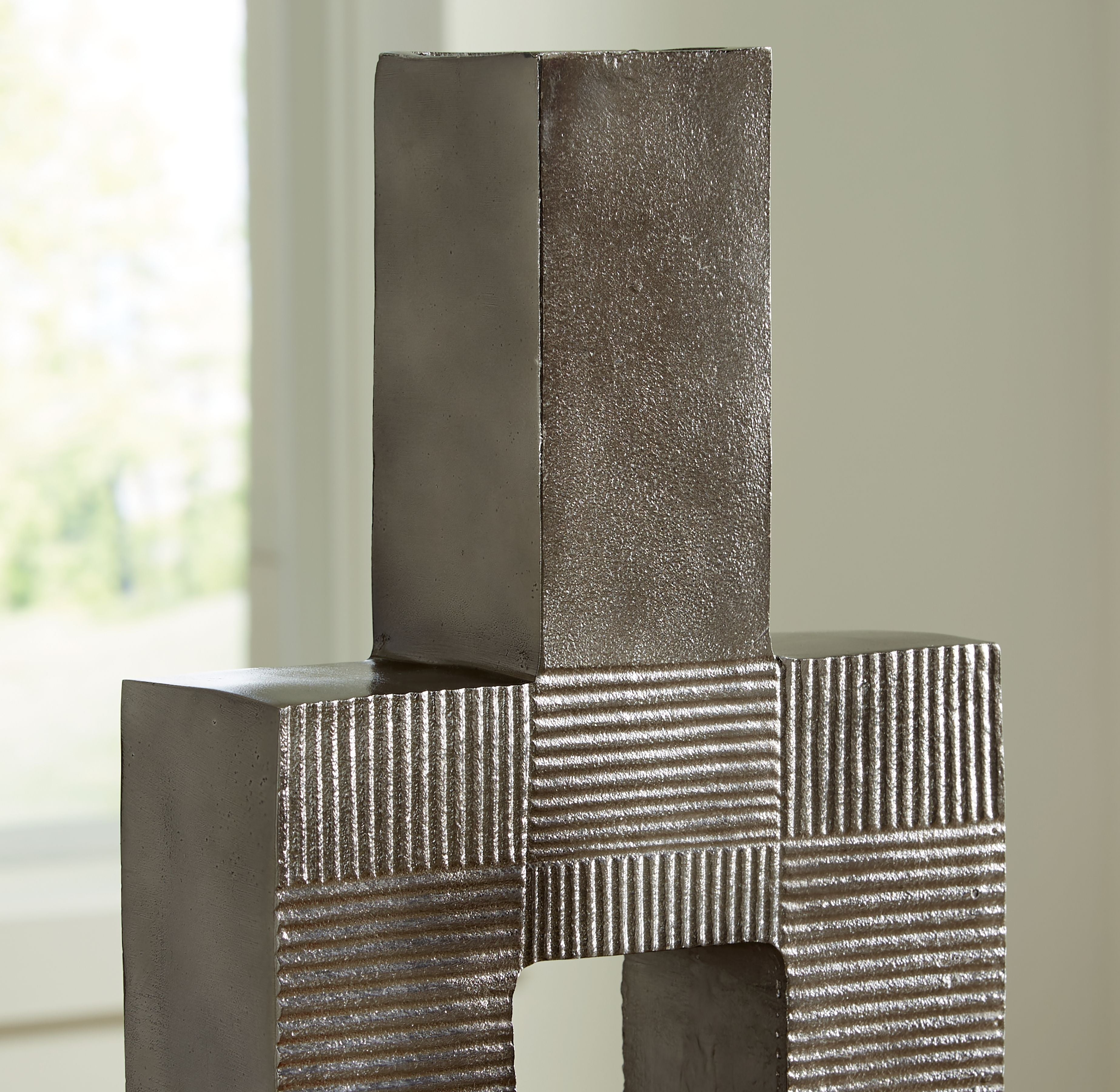 Wrengrove vase in dark gray, textured mosaic blocks with window-like opening