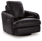 Black recliner glider chair with round button details on the arm and padded seat