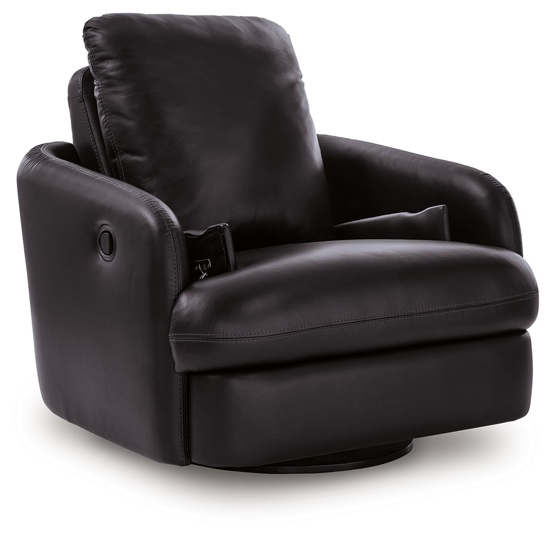 Black recliner glider chair with round button details on the arm and padded seat