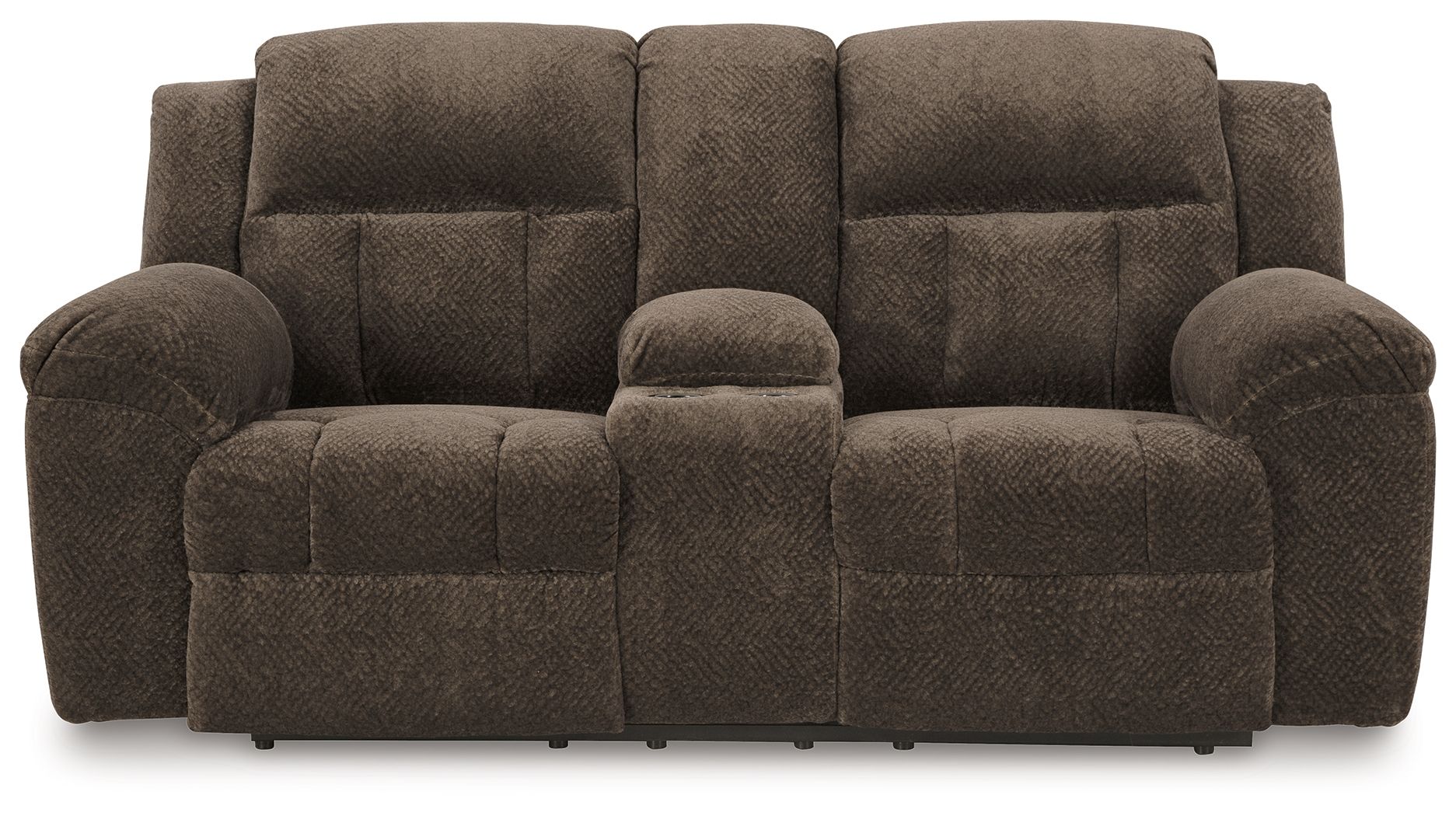 Dark brown double reclining loveseat with rounded arms and tufted back cushions