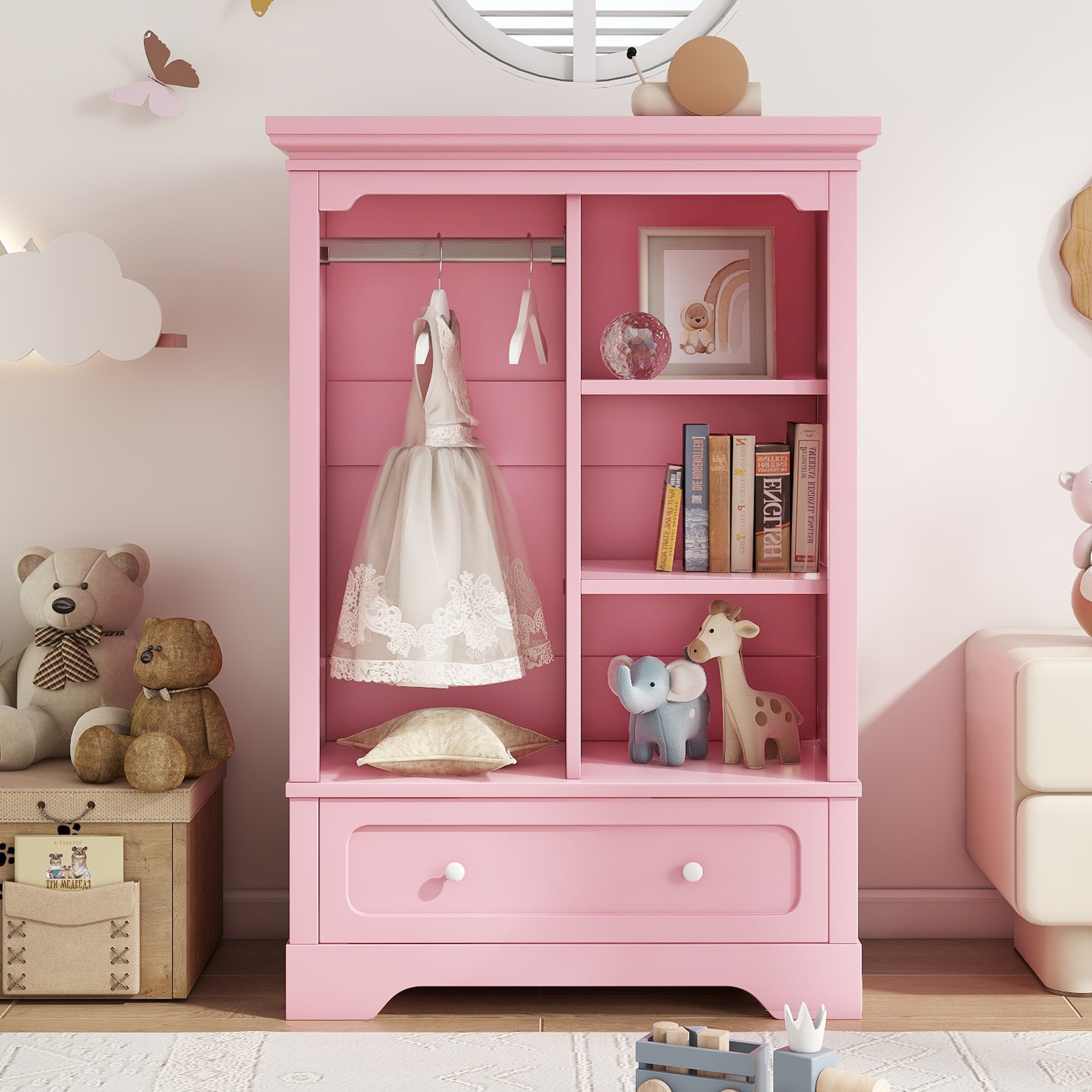 Pink Open Children's Wardrobe - Low Hanging, Shelves, Drawer