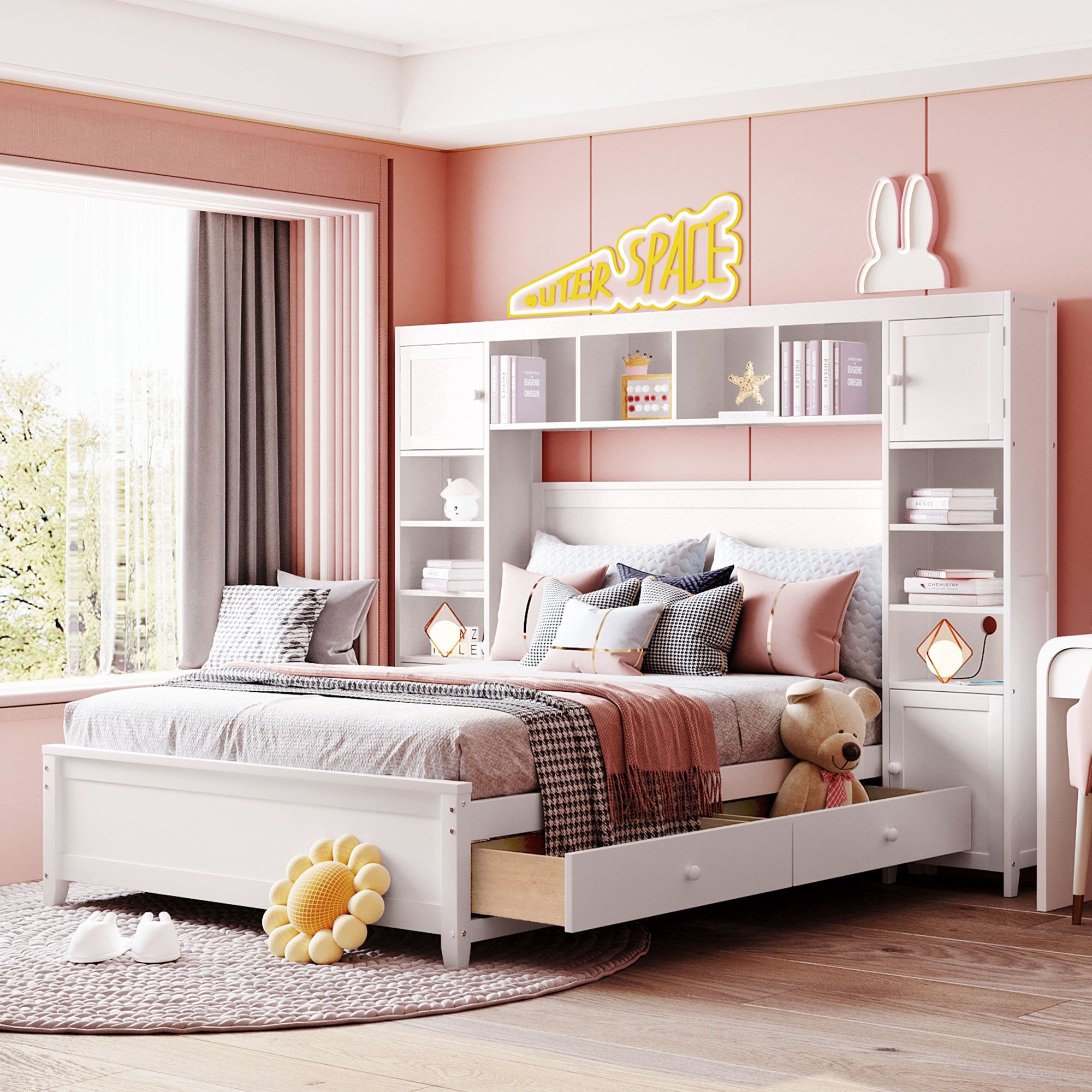 White Full Size Wooden Bed with All-in-One Cabinet & Shelf