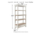 White wood bookcase with brown shelves and a front drawer, side view.
