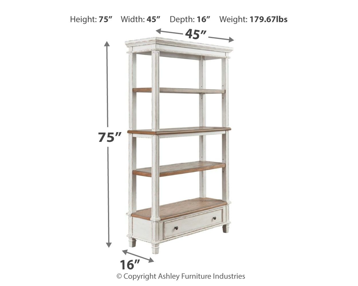 White wood bookcase with brown shelves and a front drawer, side view.