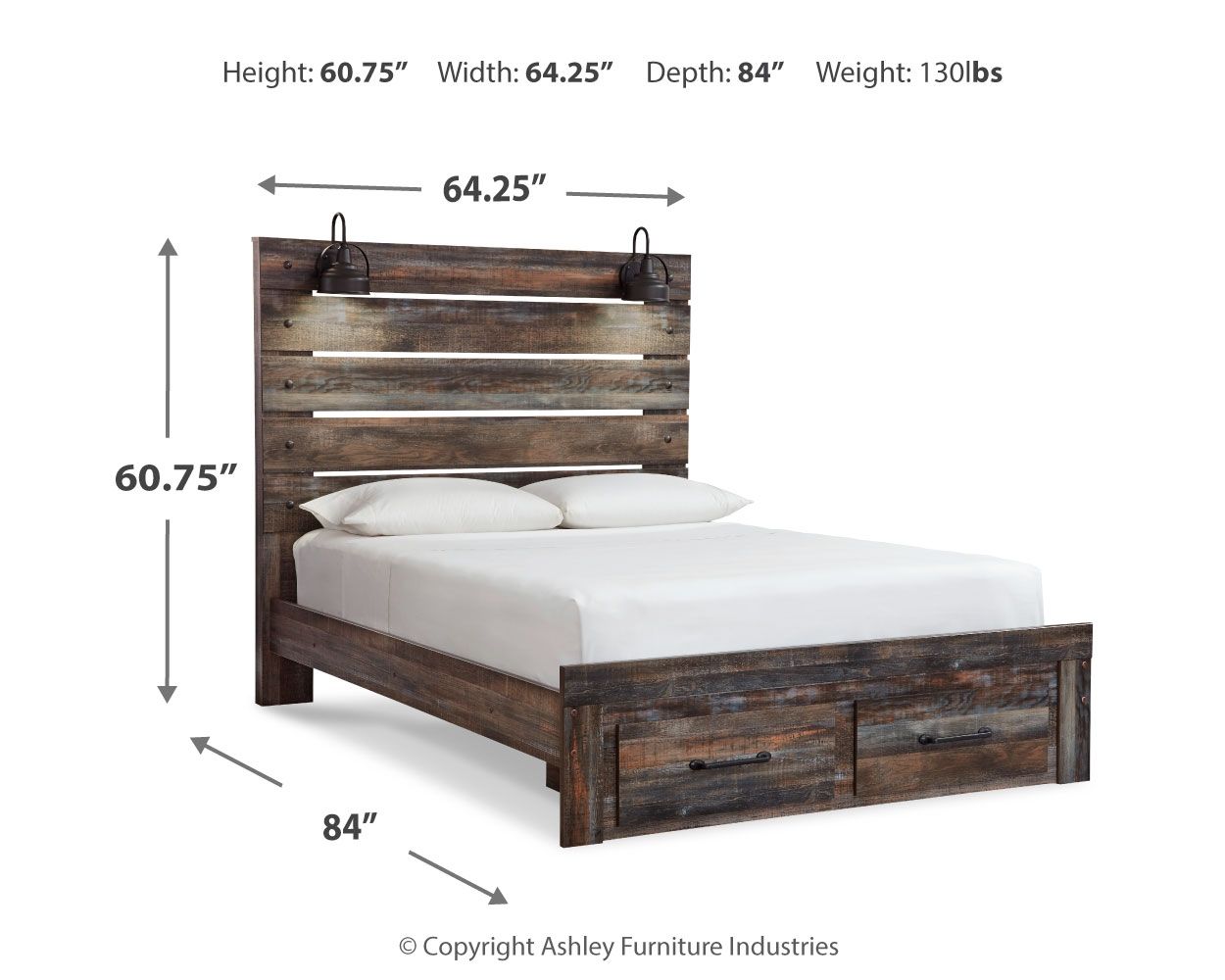 Panel bed with slatted headboard and dark wood frame, featuring two side drawers
