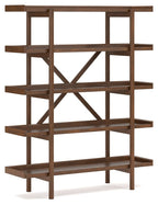 Brown wooden bookcase with open shelves and diagonal X cross-bracing
