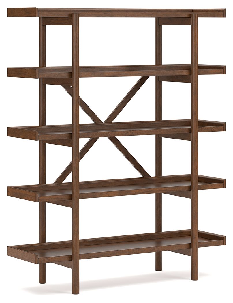 Brown wooden bookcase with open shelves and diagonal X cross-bracing