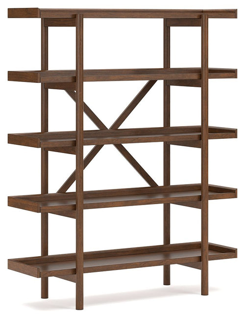 Brown wooden bookcase with open shelves and diagonal X cross-bracing