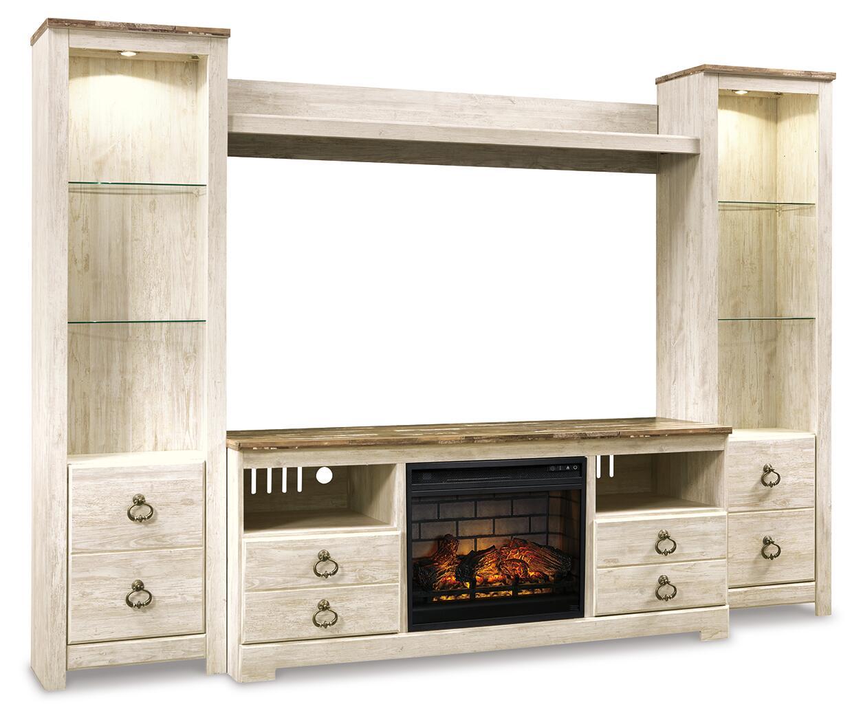 Whitewash TV stand entertainment center with faux brick fireplace insert and side shelves