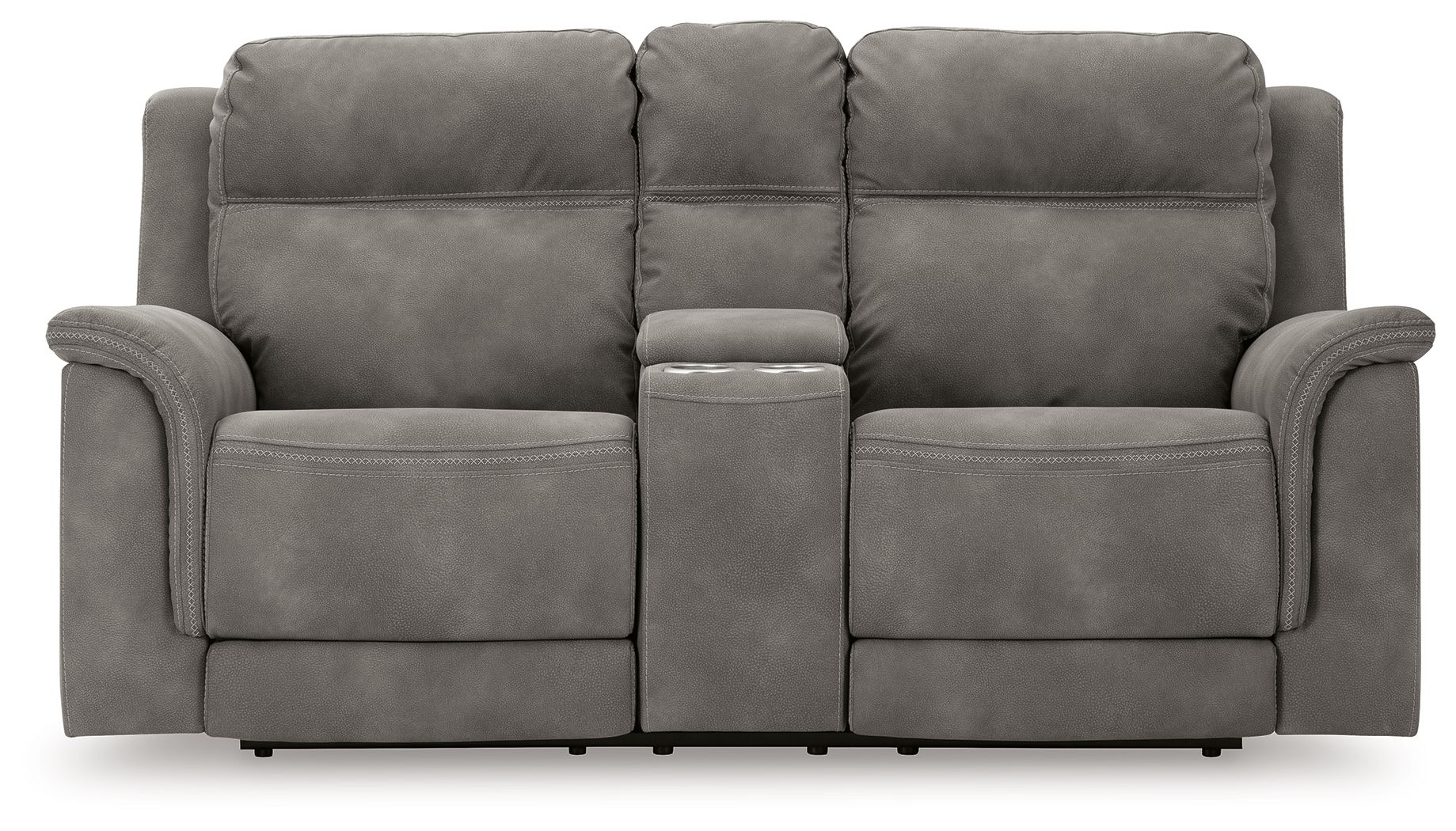 Dark gray reclining power loveseat with central console panel and padded armrests