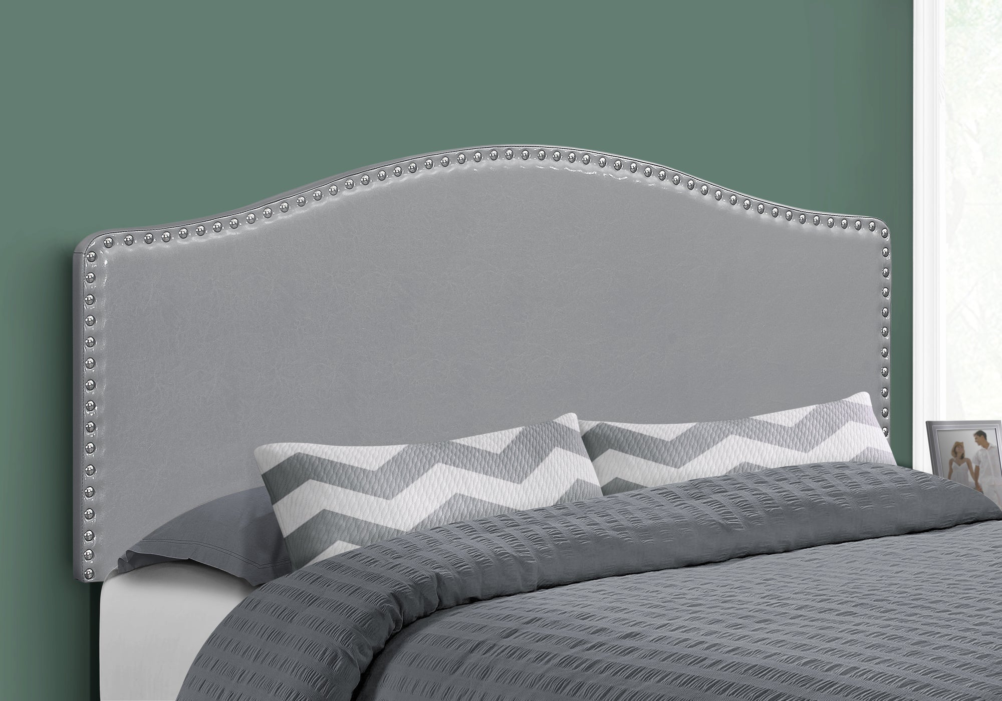 Transitional Queen Upholstered Headboard - Grey Leather Look