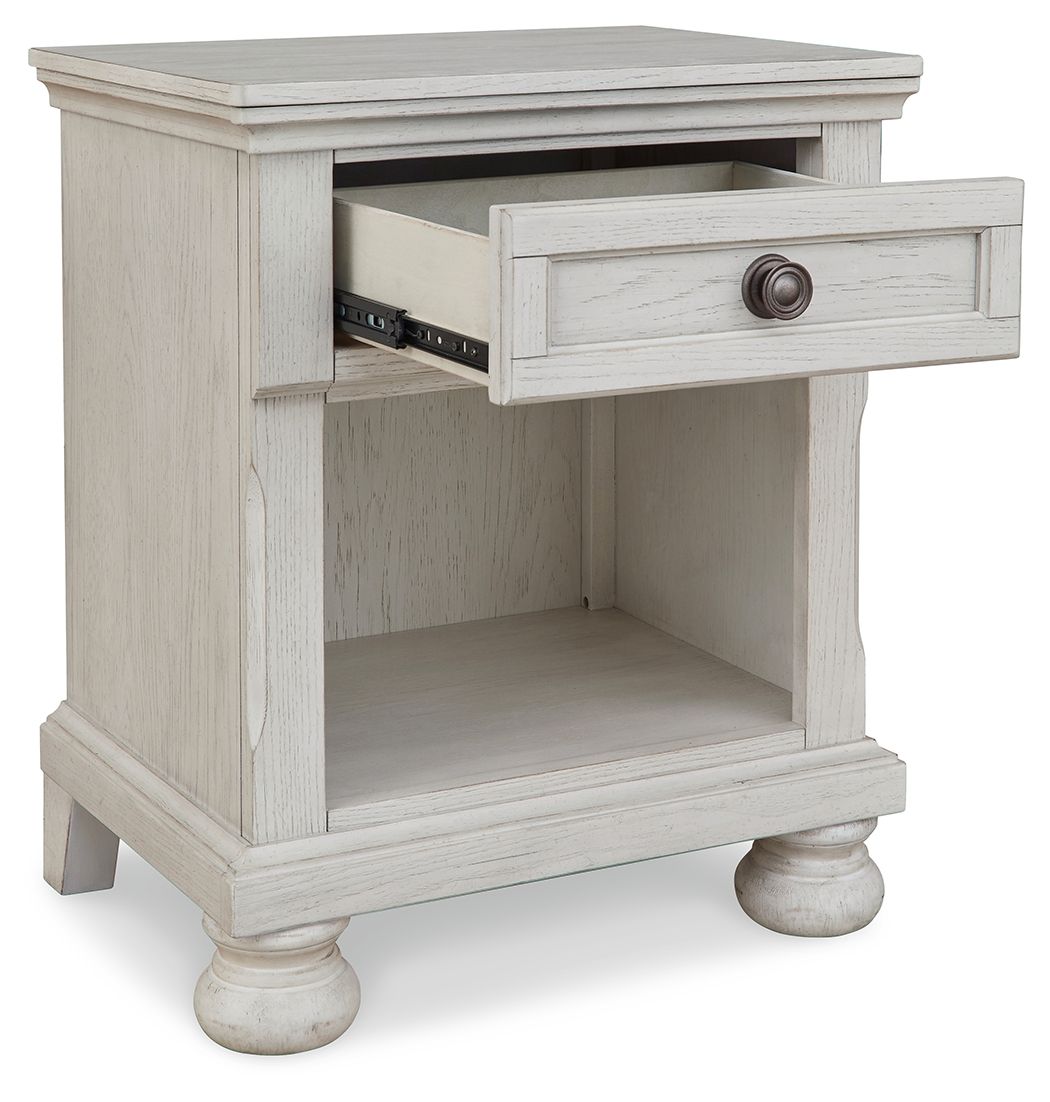 Antique white one-drawer night stand with open shelf and round bronze knob