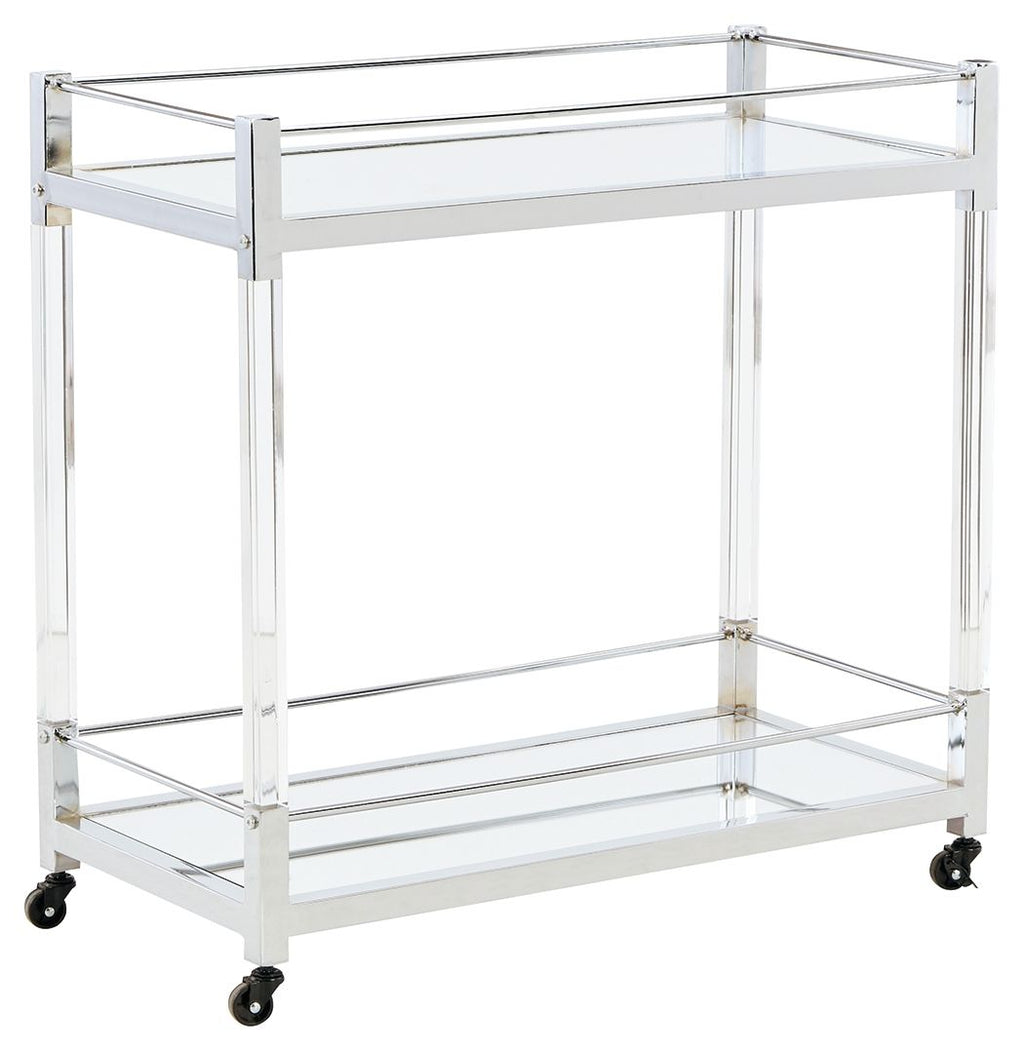 Clear glass bar cart with silver frame, two shelves, and caster wheels