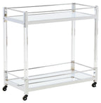 Clear glass bar cart with silver frame, two shelves, and caster wheels