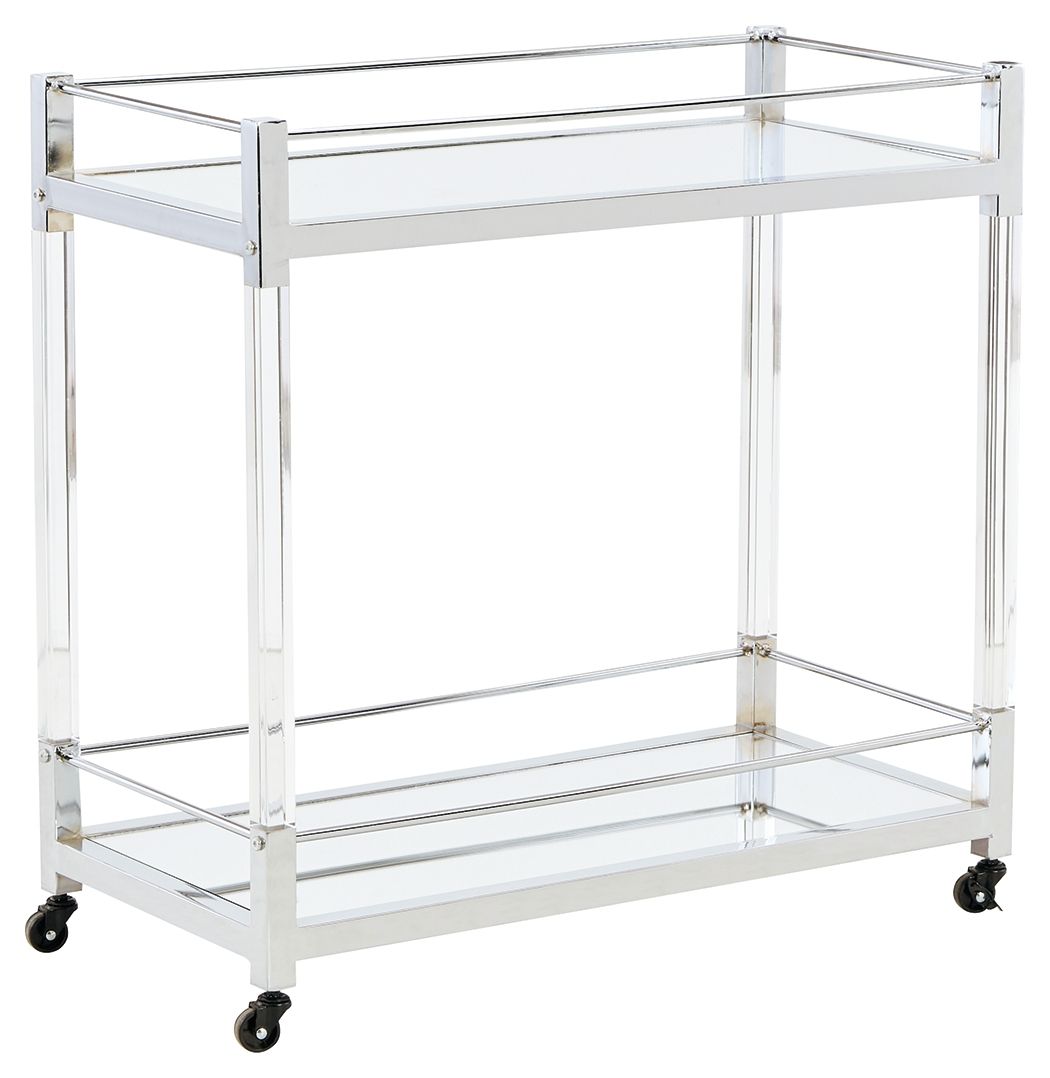 Clear glass bar cart with silver frame, two shelves, and caster wheels
