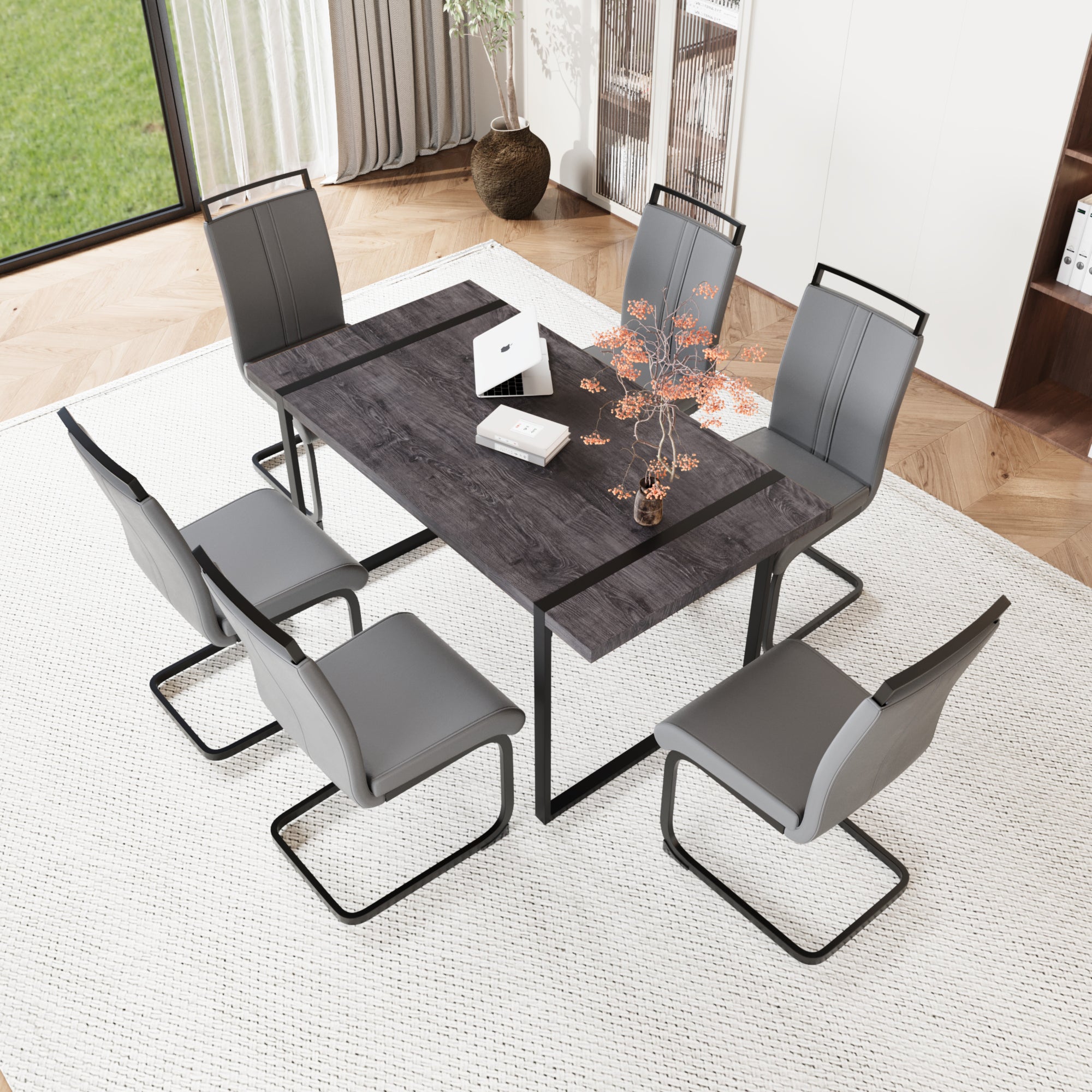 59" Black Dining Table Set for 6, Industrial Kitchen Table