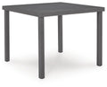 Gray square dining table with four straight legs and smooth tabletop