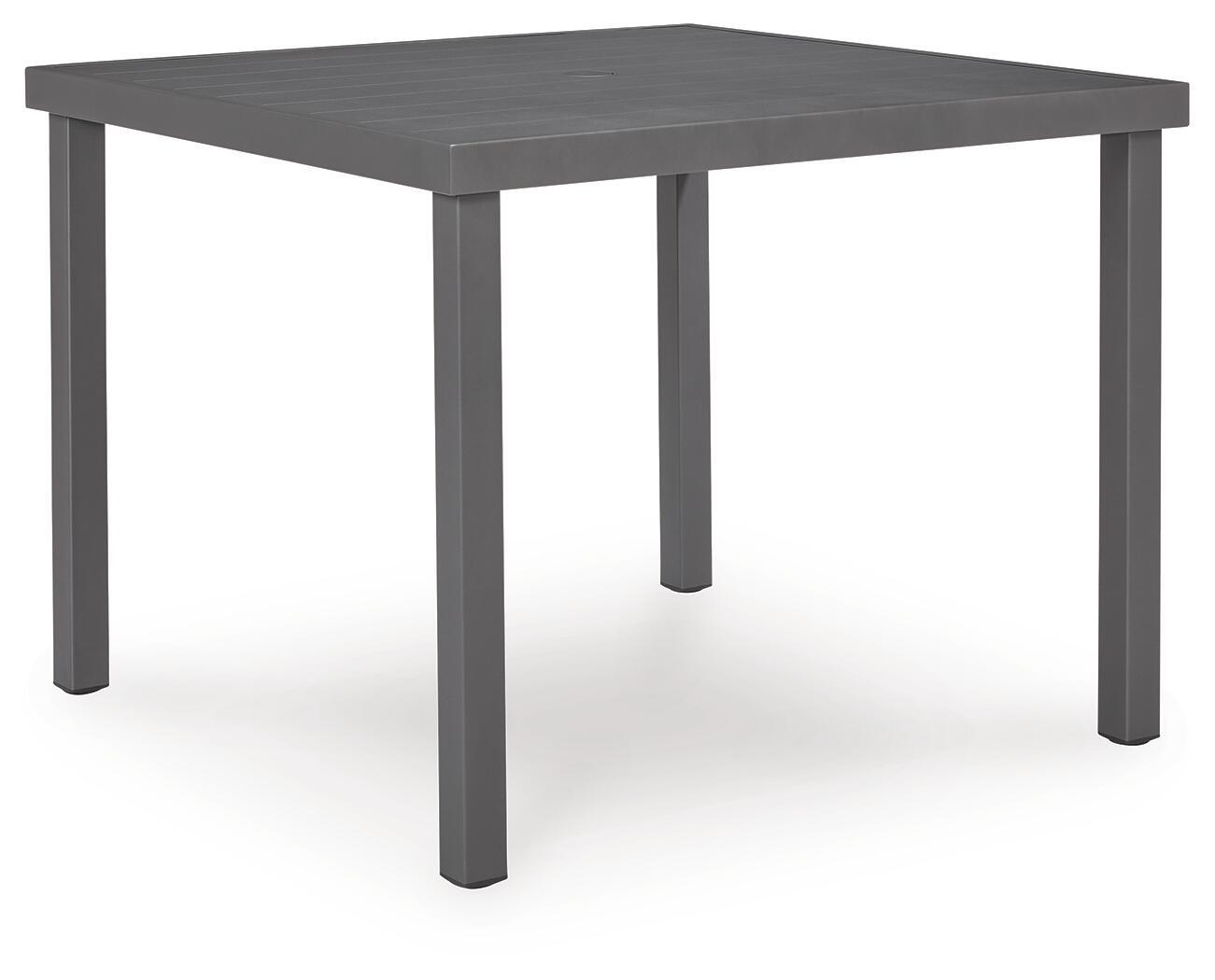 Gray square dining table with four straight legs and smooth tabletop