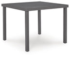 Gray square dining table with four straight legs and smooth tabletop