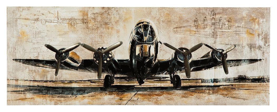 Brown and black airplane wall art print, front view with wings and nose details