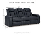 Power reclining sofa with adjustable headrests, dark navy upholstery