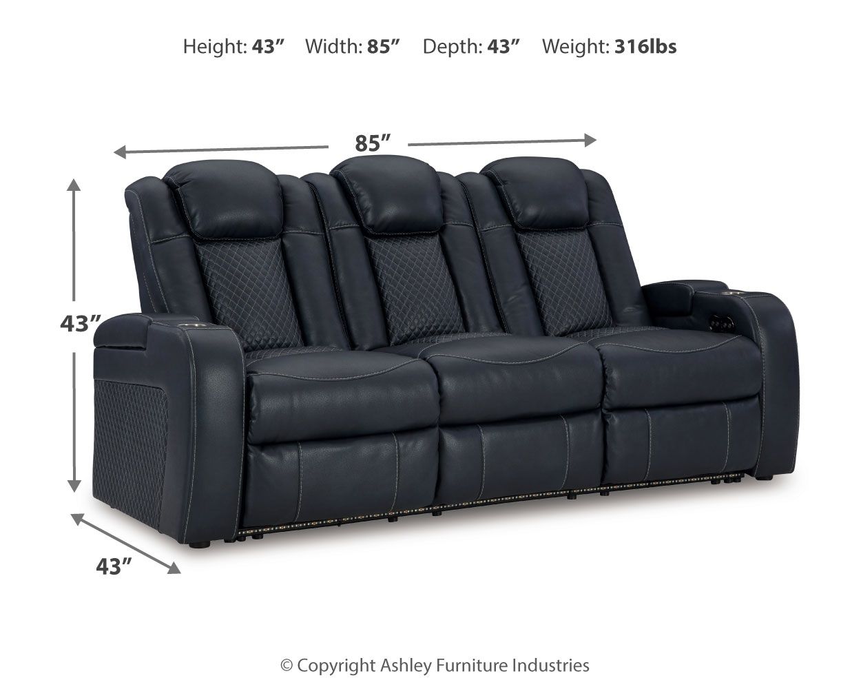 Power reclining sofa with adjustable headrests, dark navy upholstery