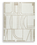 Beige area rug with abstract geometric lines and rectangular blocks, flat weave