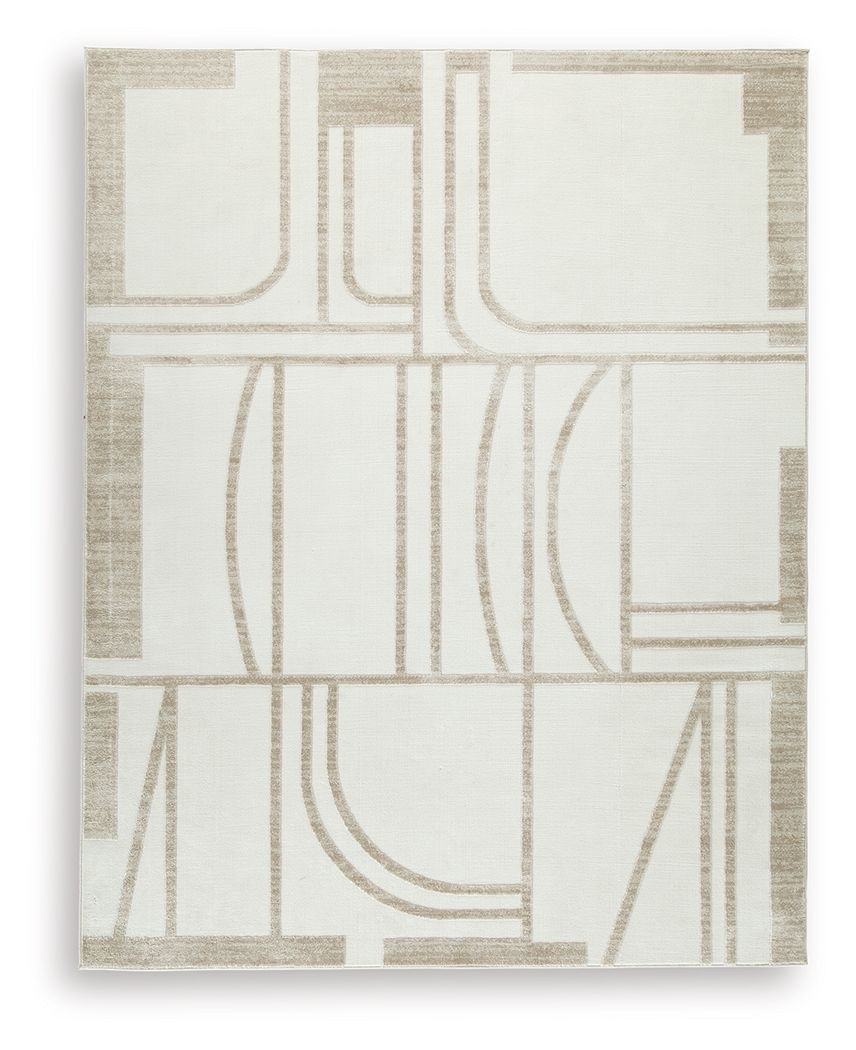 Beige area rug with abstract geometric lines and rectangular blocks, flat weave
