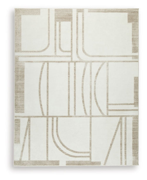 Beige area rug with abstract geometric lines and rectangular blocks, flat weave