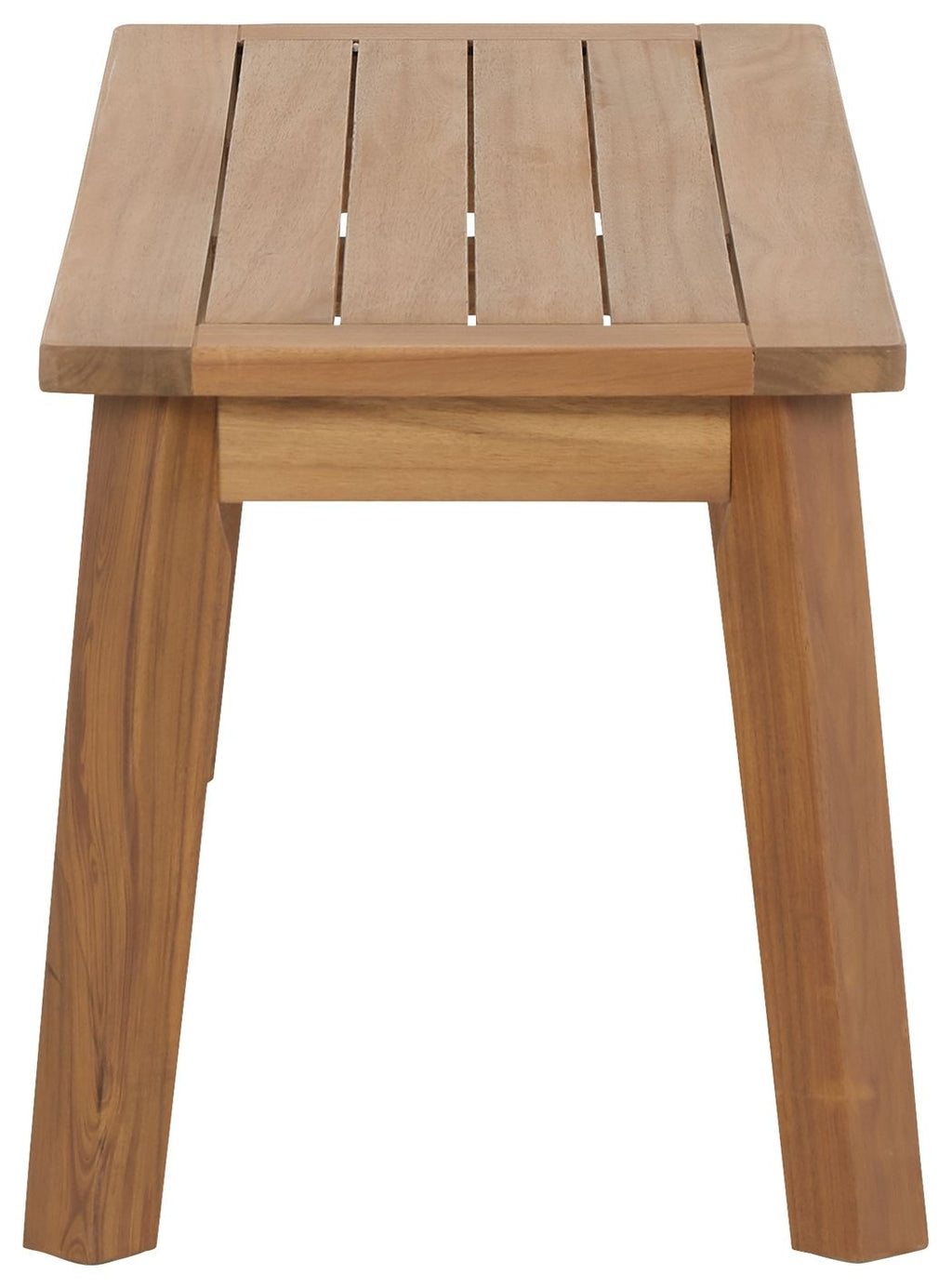 Light brown wooden bench with slatted top and side panels