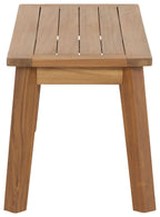 Light brown wooden bench with slatted top and side panels