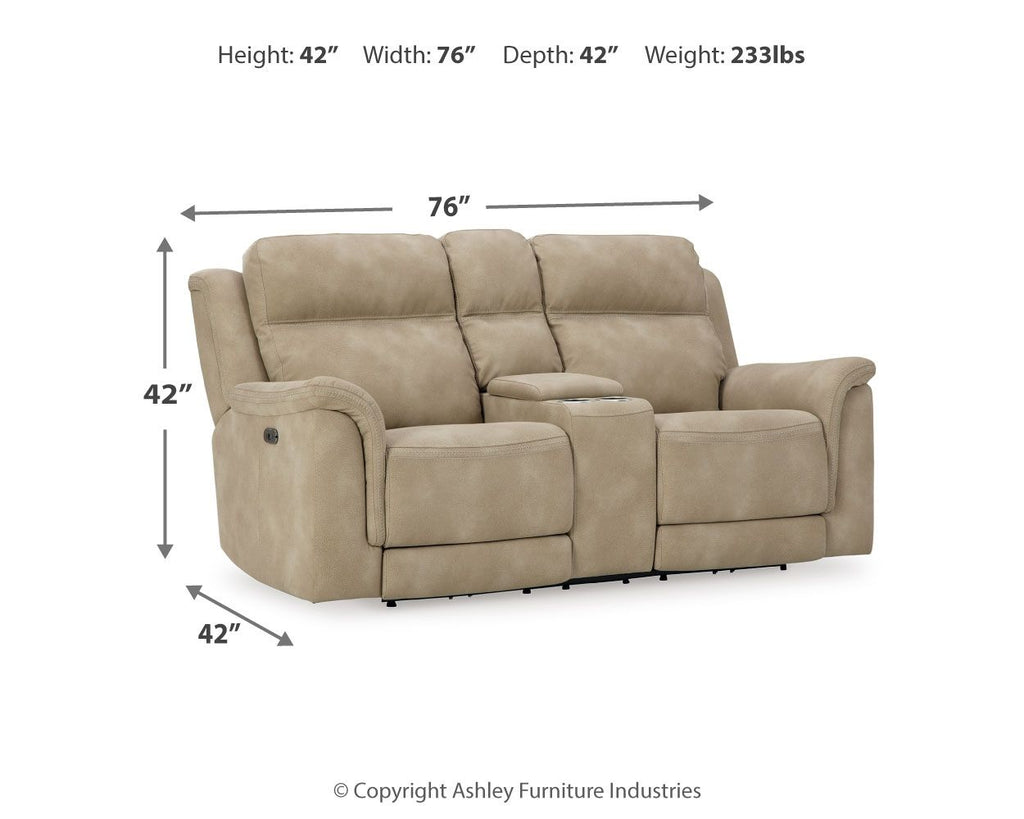 Beige reclining power loveseat profile with armrests and tufted back cushions