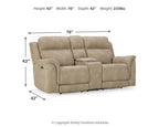 Beige reclining power loveseat profile with armrests and tufted back cushions