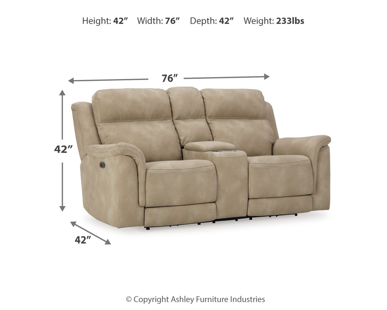 Beige reclining power loveseat profile with armrests and tufted back cushions