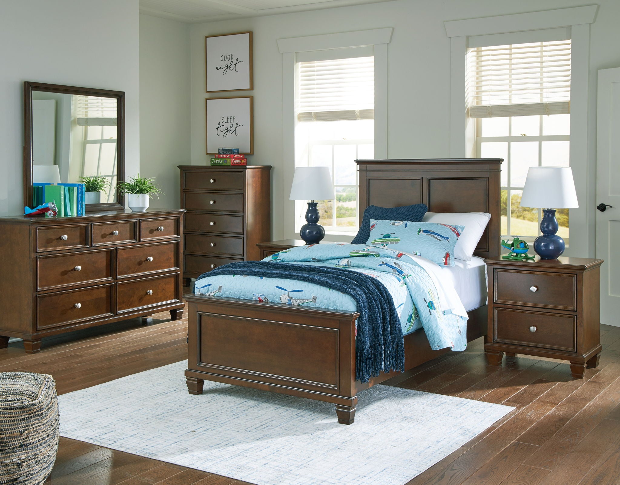 Dark brown bedroom set with bed, nightstands, and dresser