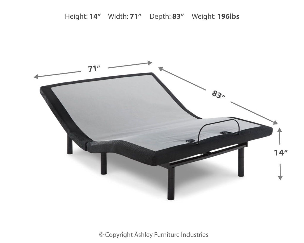 Black adjustable bed base with head and foot lift, shown with size diagram