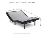 Black adjustable bed base with head and foot lift, shown with size diagram