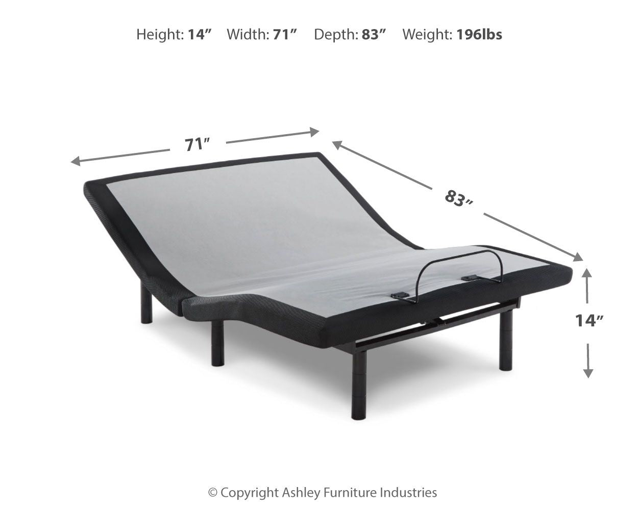 Black adjustable bed base with head and foot lift, shown with size diagram