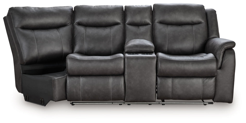 Reclining loveseat with padded armrests, dark gray faux leather, reclining seat sections