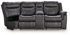 Reclining loveseat with padded armrests, dark gray faux leather, reclining seat sections